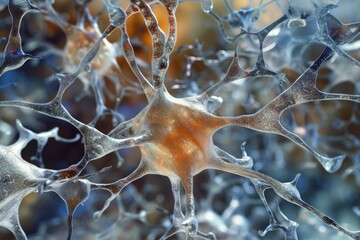 Poster - Detailed 3d render of interconnected neurons, depicting complex brain activity