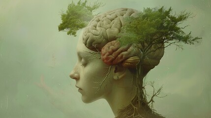 Wall Mural - A powerful visual representation of mental health, illness, brain development, and medical treatment, featuring a woman's head and brain with a tree sprouting from it