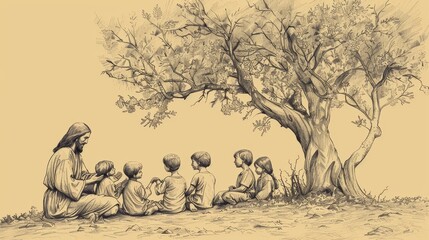 Jesus Blessing Group of Children, Biblical Illustration of Innocence and Affection, Ideal for Inspirational Use