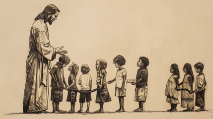 Sticker - Jesus' Blessing of Children, Biblical Illustration of Compassion, Perfect for Religious Stock Photos