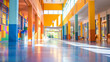 © Iryna - Blurred school corridor background with orange and blue colors.
