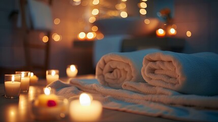 Wall Mural - A serene spa setting with a massage table surrounded by candles and soft lighting, captured in crisp detail.