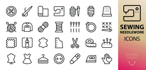 Poster - Knitting, sewing and needlework icons set. Set of button, needle, sewing machine, thread spool, thimble, embroidery hoop, cross stitch, zipper, safety pin, crochet, pincushion, sewing mannequin vector