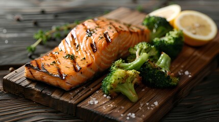 Wall Mural - A succulent grilled salmon fillet served with steamed broccoli and lemon wedges, captured on an aged wooden plank.
