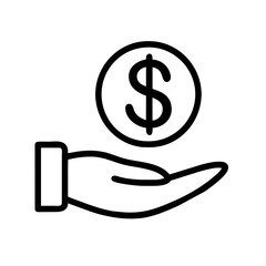 A black and white vector image of a hand holding a dollar sign, symbolizing finance, wealth, and currency, on a transparent background