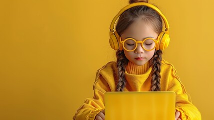 Little girl in yellow sweater and headphones using laptop. Online education, e-learning, technology for kids concept