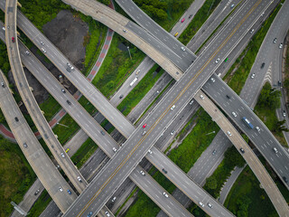 Wall Mural - Aerial transport asphalt city junction road green tree forest park