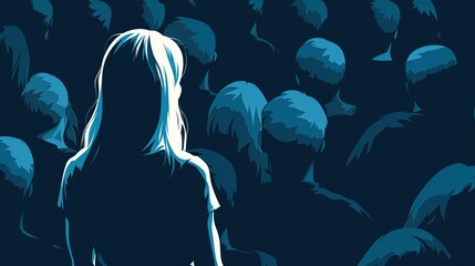 courageous blonde woman standing out from monochromatic crowd conceptual vector illustration