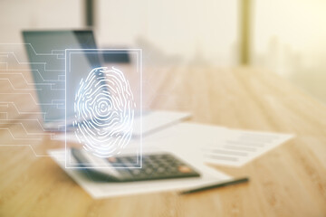 Aufkleber - Abstract virtual fingerprint illustration on blurry calculator and computer background, personal biometric data concept. Multiexposure