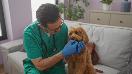 Poster - Middle-aged veterinarian examining a poodle in a cozy living room setting, representing healthcare and companionship.