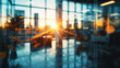 © PJ Gallery - Beautiful blurred background of a light modern office interior with panoramic windows and beautiful lighting.