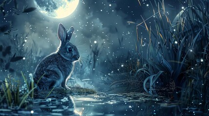 dreamy scene of a rabbit in the moonlit night surreal fantasy digital illustration