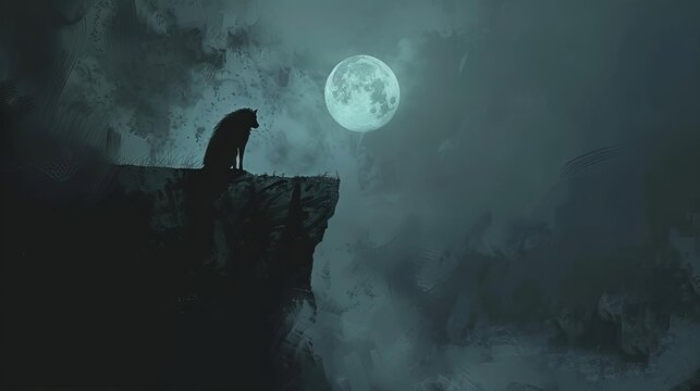 eerie werewolf silhouette on moonlit cliff halloween horror nightmare concept digital painting