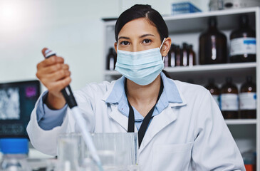 Poster - Woman, scientist and portrait in medical research for covid 19, vaccine and pipette with sample, lab and pharma. Female person, technician and virus in healthcare in chemistry or forensic for testing