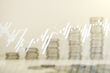 Poster - Multi exposure of virtual creative financial chart hologram on growing stacks of coins background, research and analytics concept