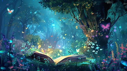 Wall Mural - enchanting fairy tale book cover with magical forest and whimsical characters childrens literature concept ai generated illustration