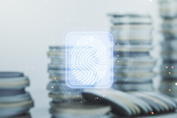 Aufkleber - Abstract virtual fingerprint illustration on coins background, personal biometric data concept. Multiexposure