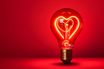 Wall Mural - Light bulb with a heart shape glowing filament on a red background, Valentine day concept