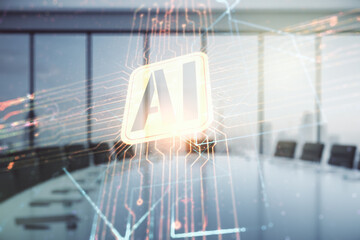 Aufkleber - Double exposure of creative artificial Intelligence icon on a modern meeting room background. Neural networks and machine learning concept