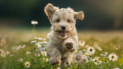 Poster - An adorable puppy running through a field of daisies, its ears flapping and a look of pure happiness on its face