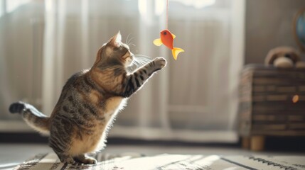 Poster - An overweight cat batting at a toy fish on a string, its eyes focused and paws active, in a modern, pet-friendly home.