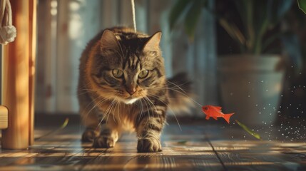 Poster - An overweight cat batting at a toy fish on a string, its eyes focused and paws active, in a modern, pet-friendly home.