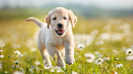 Poster - An adorable puppy running through a field of daisies, its ears flapping and a look of pure happiness on its face