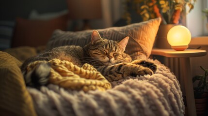 Aufkleber - An overweight cat dozing off on a plush cat bed, surrounded by soft pillows and blankets, creating a warm and comfortable scene.