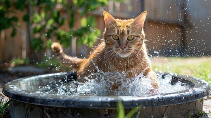 Aufkleber - An overweight cat playfully splashing in a small kiddie pool in a backyard, enjoying a sunny day and looking happy.