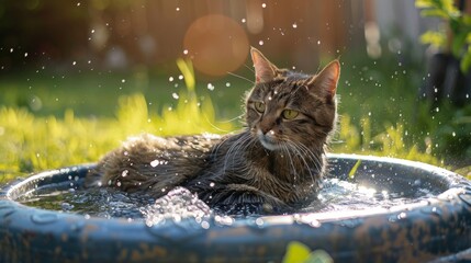 Aufkleber - An overweight cat playfully splashing in a small kiddie pool in a backyard, enjoying a sunny day and looking happy.