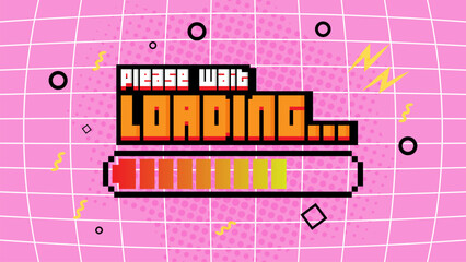 Poster - Pixel art 8-bit please wait loading bar concept on pink background