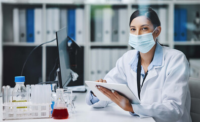 Poster - Portrait, woman and tablet for medical and research with mask in hospital for innovation and healthcare. Doctor, technology and internet for development and online for analysis or knowledge in clinic