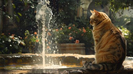 Poster - An overweight cat sitting by a water fountain, curiously watching the water flow, with a serene garden in the background.