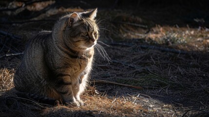 Poster - An overweight cat sitting in a patch of sunlight, its fur illuminated and creating a warm, inviting scene.