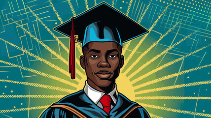 Pop art concept. African American man in university graduates wearing graduation gown and cap. Colorful background in pop art retro comic style.