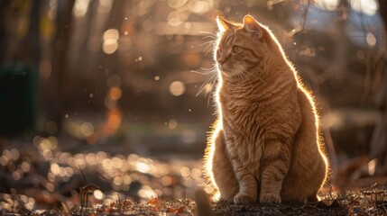 Poster - An overweight cat sitting in a patch of sunlight, its fur illuminated and creating a warm, inviting scene.