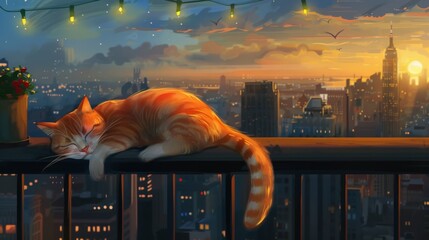 Poster - An overweight cat sleeping peacefully on a balcony, with a view of the city skyline in the background.