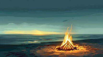 Wall Mural - llustrate a vector image of a beach bonfire on a gradient shore, with hues shifting from warm yellow to smoky gray