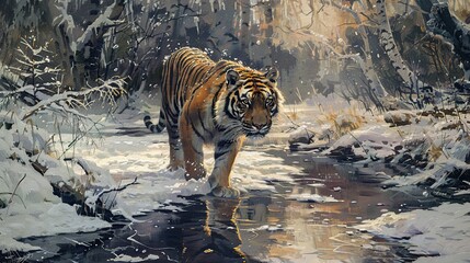 Wall Mural - Tiger, cold winter, Action wildlife scene with dangerous animal. Generative Ai