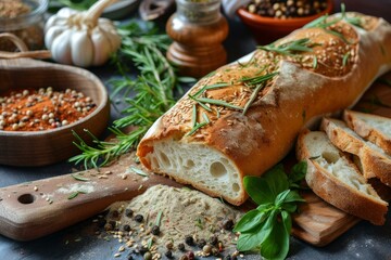 Sticker - Artisan baguette with rosemary, sliced and arranged on a rustic wooden cutting board, surrounded by herbs and spices