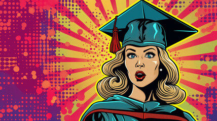 Pop art concept. Woman in university graduates wearing graduation gown and cap. Colorful background in pop art retro comic style.