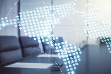 Aufkleber - Abstract virtual world map with connections on a modern conference room background, international trading concept. Multiexposure