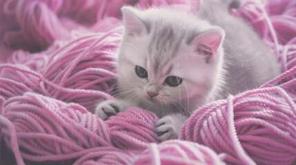 Wall Mural - Kitten plays with a ball of pink threads
