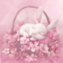 Wall Mural - Cute white rabbit in a basket
