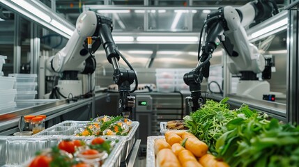 high-tech robotic arms processing and quality-checking food items in a futuristic food manufacturing