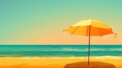 Wall Mural - Create a vector illustration of a beach umbrella on a gradient shore, with colors blending from bright yellow to deep orange