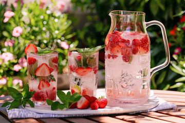 Sticker - Refreshing Summer Drinks in Glass Pitchers on Sunny Day  