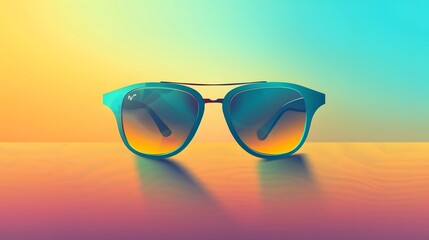 Wall Mural - enerate a vector image of sunglasses on a gradient beach, with colors shifting from cool blue to warm yellow
