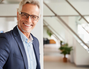 Poster - Portrait of handsome man joyful businessman in suit standing in modern office with copy space