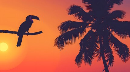 Wall Mural - Design a vector image of a tropical bird perched on a palm tree, set against a gradient sky transitioning from warm orange to deep purple